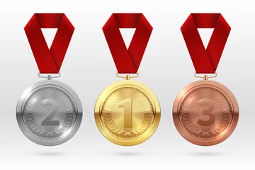 Fotobehang Sports medals. Golden silver bronze medal with red ribbon. Champion winner awards of honor vector isolated template. Illustration of championship trophy, champion medal of set © MicroOne