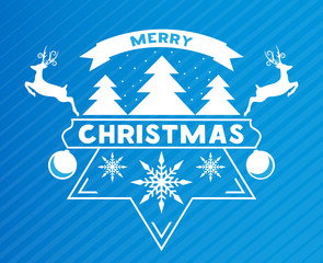 Merry Chrismas greeting card with snow flakes, Christmas tree and Reindeer. Vector.