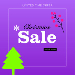 Christmas sale. Purple christmas banner design. Happy new year eve poster. Christmas cards, headers website. Newsletter designs, ads, coupons, social media banners. 