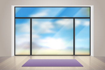 Gym glass. Realistic room with big glass window. Empty fitness gym interior with exercise carpet and wooden floor vector illustration. Interior room with window panoramic