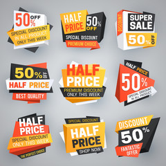 Half price sale tags. Special weekend offer discount, 50 off sale banners and coupons vector collection. Illustration of discount label and offer, market tag