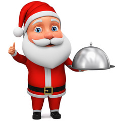 Cartoon Santa Claus character cook with a dish on a white background. 3d rendering. Illustration for advertising.