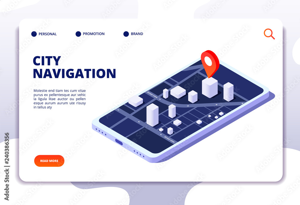 Poster navigation map isometric concept. gps location system. phone tracker with global positioning. vector