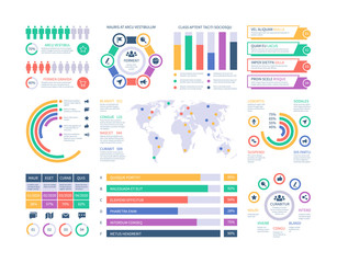 Infographic template. Financial investment graphs, column chart organization flowchart. Presentation infographics vector element. Illustration of infographic web with world map