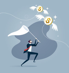 Businessman is trying to catch flying dollar coin with a scoop-net. Business concept vector