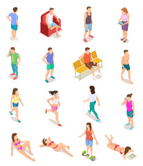 Isometric people in summer clothes. 3d human characters, teenagers in bathing suit. Isolated vector set of people on vacation, woman and man recreation outdoor illustration