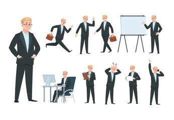 Business person. Businessman character, professional worker in different office business activity. Cartoon isolated vector collection. Illustration of businessman professional worker, business manager
