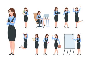 Businesswoman characters. Office professional woman, female in different poses of business activity. Flat cartoon manager vector set. Illustration of woman office, character manager jump and work