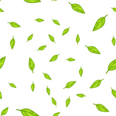 Seamless pattern of green leaves doodle.