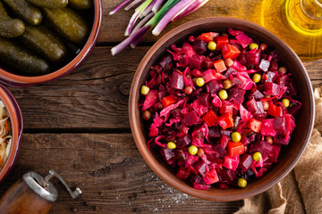Beet Salad. Salad of beetroot. Vinaigrette. Vegan food. Traditional ukrainian cuisine. Top view.