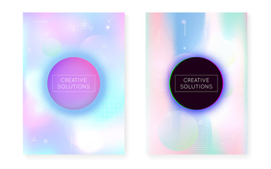 Fluid shapes cover with liquid dynamic background. Holographic bauhaus gradient with memphis.
