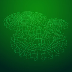 Gears. Mechanical technology machine engineering symbol. Industry development, engine work, business solution concept. Wireframe low poly mesh vector illustration