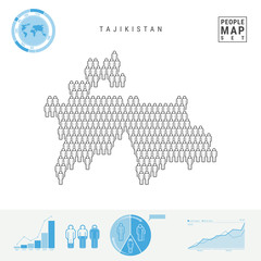 Tajikistan People Icon Map. Stylized Vector Silhouette of Tajikistan. Population Growth and Aging Infographics