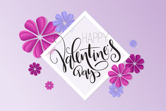 Vector illustration of valentine's day greetings card template with hand lettering label - happy valentine's day - with paper origami flowers