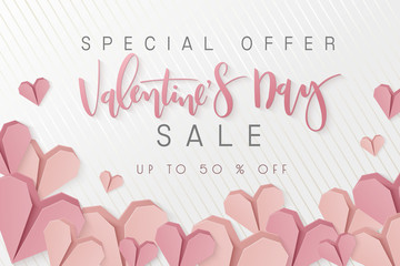 Vector illustration of valentine's day promotion banner template with hand lettering label - happy valentine's day - with paper origami heart shapes