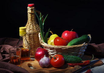 Vegetables and bottle of wine