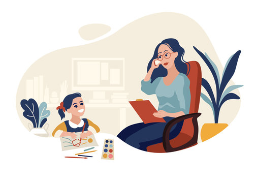 Working Mother With Daughter Flat Vector Illustration