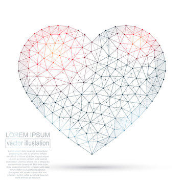 Polygonal heart abstract image, isolated on black background. Vector dental and orthodontics concept illustration. Low poly wireframe, geometry triangle, lines, dots, polygons, shapes