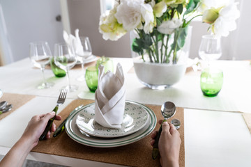 Female hands with empty plate For Meal Waiting