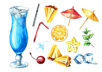 Blue lagoon cocktail with decor elements set. Watercolor hand drawn illustration isolated on white background