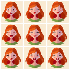 Avatars emotions. Set a woman with a variety of emotions. Female face with different expressions. Woman in flat design. Cartoon character. Vector illustration. Girl Avatar.