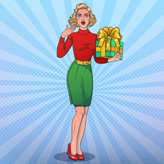 Happy woman with gift. Vector illustration in pop art style. New Year theme. Full height.