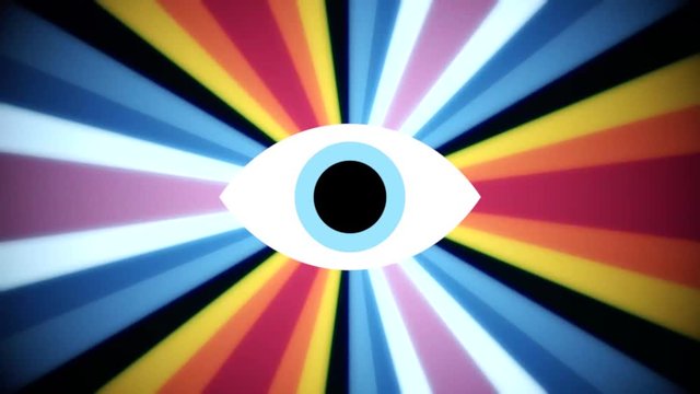 A scary disquieting drawing of an eye, at the center of a rainbow pinwheel colorful animation, moving rays of different colors, blue film style.
