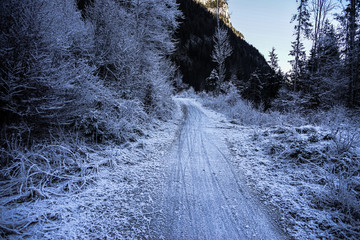 Winterpanorama. Winterstraße. Winterurlaub. Österreich. Italy.