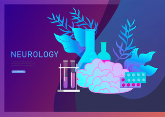 Neurology genetics concept. Flat style little people doctors medical team working, constructing DNA, researching Deoxyribonucleic acid. Brain, Creative mind, learning and design Landing page template.