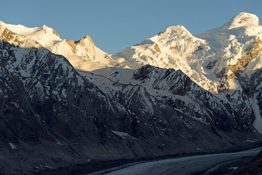 Sunset at Drang-Drung Glacier with a maximum length of 23 kilometres at an average elevation of 4,780 m (15,680 feet)in the northeastern Himalayan Range known as the  Zanskar range Kargil-Ladakh-India