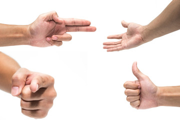 Multiple Male Hand Gestures  isolated over white background.Hand with pointing finger, thumbs up.