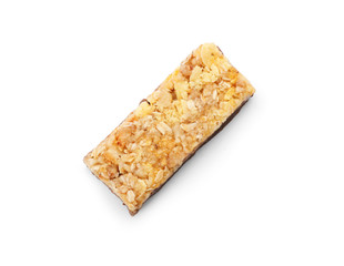 Tasty protein bar on white background, top view