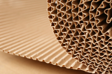 Closeup view of roll of brown corrugated cardboard, space for text. Recyclable material - obrazy, fototapety, plakaty