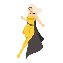 Female superhero or superheroine. Blonde woman with super powers. Brave and powerful comic character wearing tight-fitting costume or bodysuit and cape. Vector illustration in flat cartoon style.