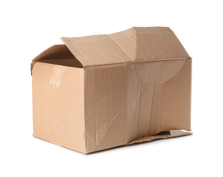 Crumpled brown cardboard box on white background. Recyclable material