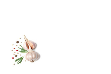 Composition with garlic and onion on white background, top view. Space for text