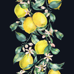 Watercolor vintage vertical seamless border of lemon fruit