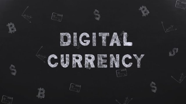 Title DIGITAL CURRENCY on black background with money symbols