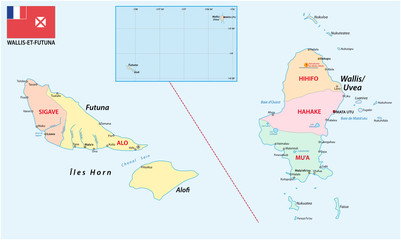 administrative and political map of the French overseas territory of Wallis and Futuna with flag