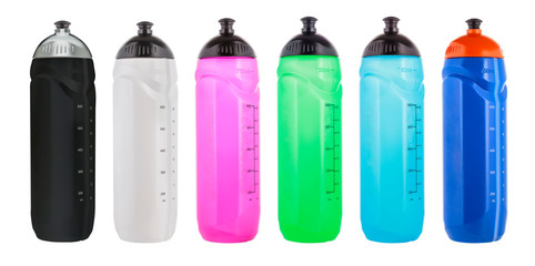 Set of plastic shakers isolated on white background with. Shaker for sport food cocktail. Sport and healthy drink.