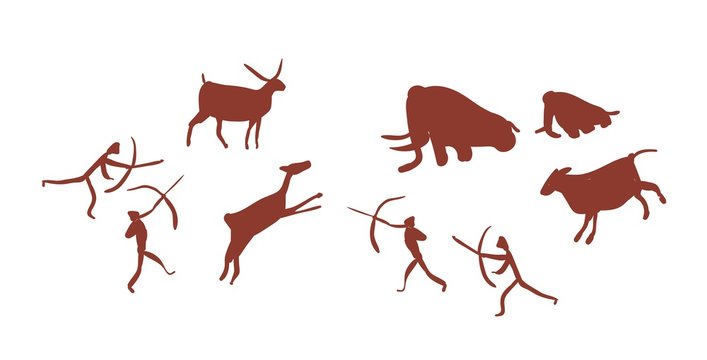 Parietal art or cave painting depicting group or tribe of Stone age people or hunters hunting deers and mammoths. Silhouettes of prehistoric men attacking wild animals. Flat vector illustration.
