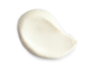 Fototapeta na wymiar Delicious sour cream on white background, top view. Dairy product