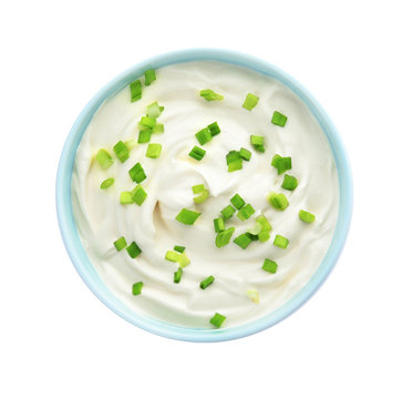 Bowl With Sour Cream And Herbs On White Background, Top View