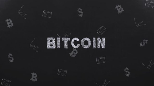 Write word BITCOIN on black background with symbols digital currency