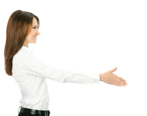 Businesswoman giving hand for handshake, isolated