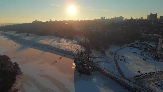 Aerial view of Linear ship Goto Predestination on Admiralty Square at embankment of Voronezh river - popular tourist place in Voronezh city, Russia