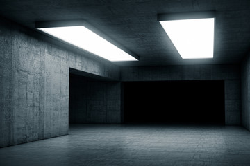 Empty dark abstract concrete room with the gate. Interior concept background. 3d illustration