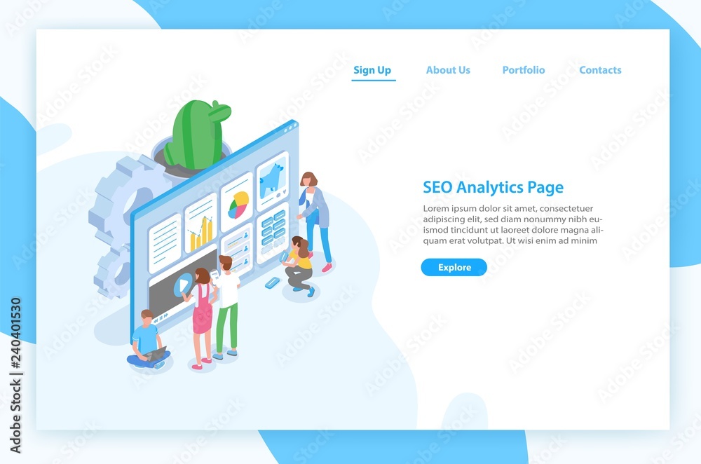 Poster Web banner template with people standing in front of giant computer and optimizing website for search engines. SEO analytics page. Isometric vector illustration for internet service advertisement.