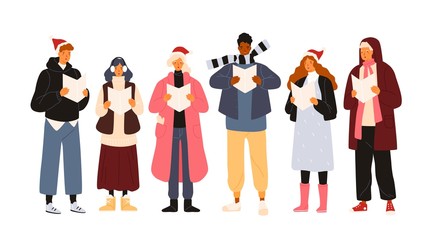 Choir or group of cute men and woman dressed in outerwear singing Christmas carol, song or hymn. Smiling street singers or carolers isolated on white background. Holiday flat vector illustration.