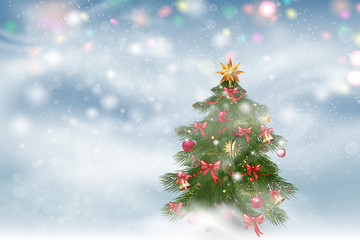 Winter landscape background with falling snow, spruce forest silhouette